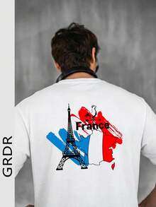 GRDR 男士夏季法式元素印花圆领短袖T恤，休闲款 - 白色 - 查看 3