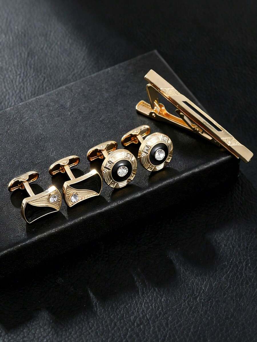 2/3/5 Sets Men's Cufflinks And Tie Clips Set, Fashion Minimalist Rhinestone Alloy Shirt Buttons And Tie Clips Suit For Wedding, Party, Business And Formal Occasions
