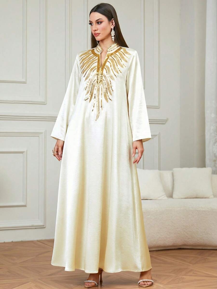 Elegant Women's Ramadan V-Neck Gold Beaded Embroidered Maxi Kaftan Dress, Suitable For Eid Celebration, Home & Daily Wear - Apricot - View 1