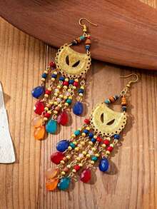 A Pair Of Vintage Bohemian-Style Geometric Tassel Rice Bead Drop Earrings For Women, Suitable For Festival Revelry - Colorful - View 3