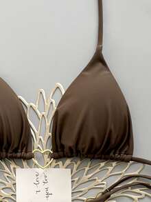 Bộ bikini nữ gợi cảm hở lưng, buộc dây phía trước, đính vòng kim loại, màu trơn, thích hợp cho kỳ nghỉ hè ở bãi biển. - Cà phê nâu - Xem 4