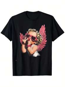 Women's Retro Cupid Graphic T-Shirt - Black With Pink Wings & Heart Fashion Glasses Design, Soft Breathable Cotton, Unisex Crew Neck Tee For Valentine's Day, Halloween, Love Dog Festival - Lightweight Casual Shirt (Sizes S-XXXL) - Machine Washable Cupid Print Top - màu đen - Xem 1
