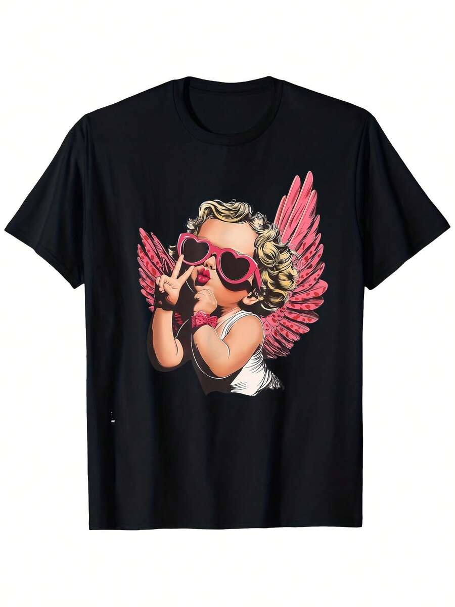 Women's Retro Cupid Graphic T-Shirt - Black With Pink Wings & Heart Fashion Glasses Design, Soft Breathable Cotton, Unisex Crew Neck Tee For Valentine's Day, Halloween, Love Dog Festival - Lightweight Casual Shirt (Sizes S-XXXL) - Machine Washable Cupid Print Top - màu đen - Xem 1