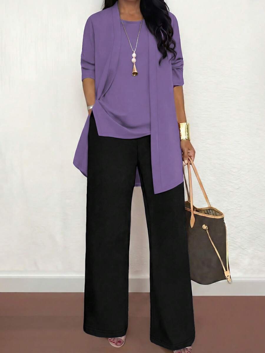 Bộ đồ 3 món cỡ lớn dành cho nữ, màu trơn, phong cách thường ngày: Áo khoác/áo cardigan + Áo không tay cổ tròn + Quần ống đứng cạp chun, chất liệu mềm mại, co giãn, dáng rộng, thoải mái khi đi làm, thích hợp cho mùa xuân/thu/đông và mùa hè thanh lịch. - Tím nhạt + đen - Xem 1