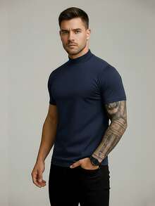 Men's Slim Fit Mid-Neck T-Shirt, Premium Cotton, Basic Casual Style - Màu xanh hải quân - Xem 2