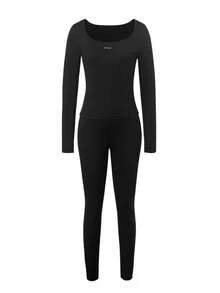 LovelyWholesale 女士休闲大圆领长袖T恤和紧身打底裤两件套秋季女装 - 黑色 - 查看 3