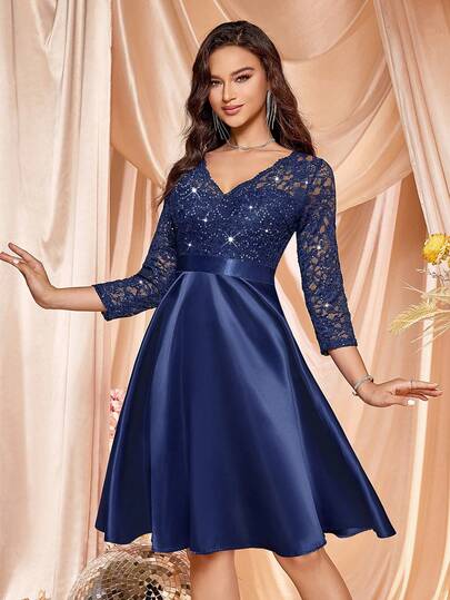 MIUSOL Sequin Floral Lace Contrast Satin V-Neck 3/4 Sleeve Swing Dress, Wedding Guest Dress, Semi-Formal Party Dress, A-Line Skirt