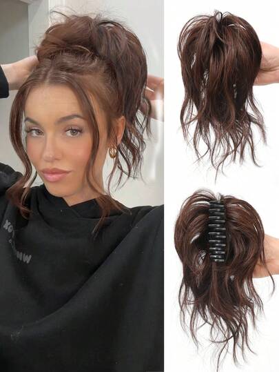Messy Hair Bun Hair Piece Claw Clip Bun Hair Accessories For Women Brown Black Messy Wavy Curly Ponytail Extensions Short Tousled Updo Synthetic Hair Bun Ponytail Extension Daily Wear 1pc
