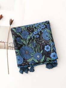 1件复古印花柔软棉麻保暖围巾/披肩，女士款，藏蓝色，时尚旅行配饰，防晒 - 彩色 - 查看 5