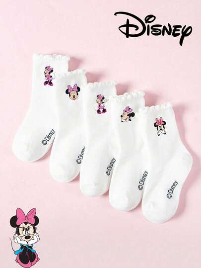  5/1 Pair Authentic Disney Minnie Mouse Lace Trim Crew Socks For Kids, Adorable Cartoon Disney Pattern, Fashionable Casual Breathable Student Socks Suitable For Daily Wear, Back To School, Holiday Gifts