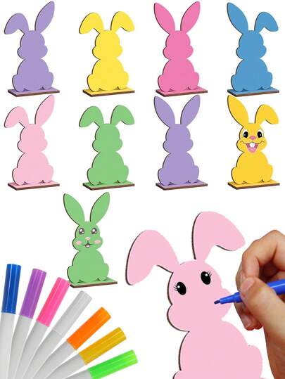 6pcs Easter Bunny Desktop Decor Set, Wooden Easter Bunny Place Cards, Wooden Bunny Figurines, Suitable For Weddings, Birthday Parties, Easter Decorations, Home Decor