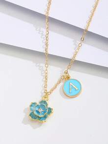 1pc Sweet Fashion Five-Leaf Flower & Initial Letter Double-Pendant Necklace For Kids Girls Family Friends New Year Jewelry Accessory Gift For Daily Decoration - Blue - View 4