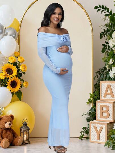 JustVH Elegante vestido de maternidad con hombros descubiertos, manga larga y estampado floral, conjunto de maternidad ajustado de malla, adecuado para fiesta de baby shower