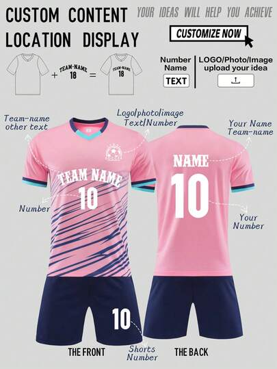 2pcs/Set Personalized Football Jersey - Customized Team Name, Number & Logo Print Short Sleeve T-Shirt + Shorts Training Sports Suit, Fashionable Casual, Suitable As Gift, Stylish, Casual, Minimalist, Personalized, Men's Clothing, Basic/Streetwear, Suitable For Boyfriend, Family, Friends' Birthday, Holiday, School/Match, Spring/Summer Sports