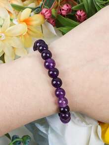 1pc Elegant Purple Crystal Beaded Elastic Bracelet, Unisex - Handmade Neutral Wristband Accessory, Ideal Gift And Daily Wear - Purple - View 3