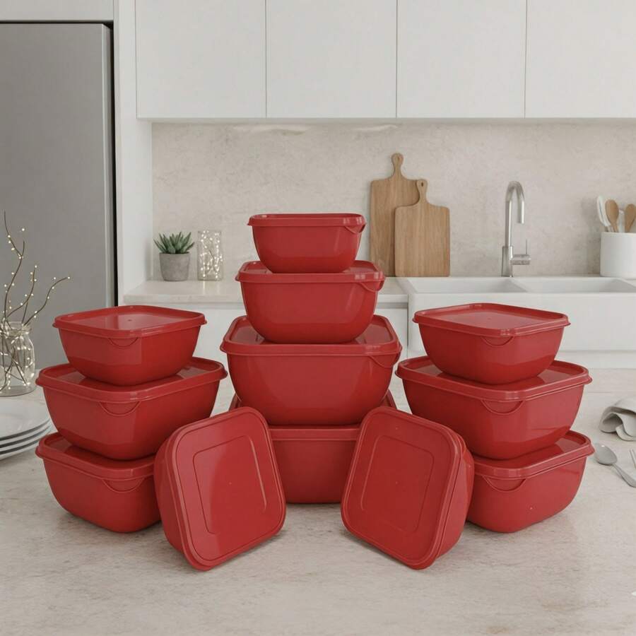 Set Of 12 Square Plastic Containers In Various Colors – Kitchen Organizer With Lids (5*500 Ml, 5*1 L, 2*1.8 L) - Red - View 1