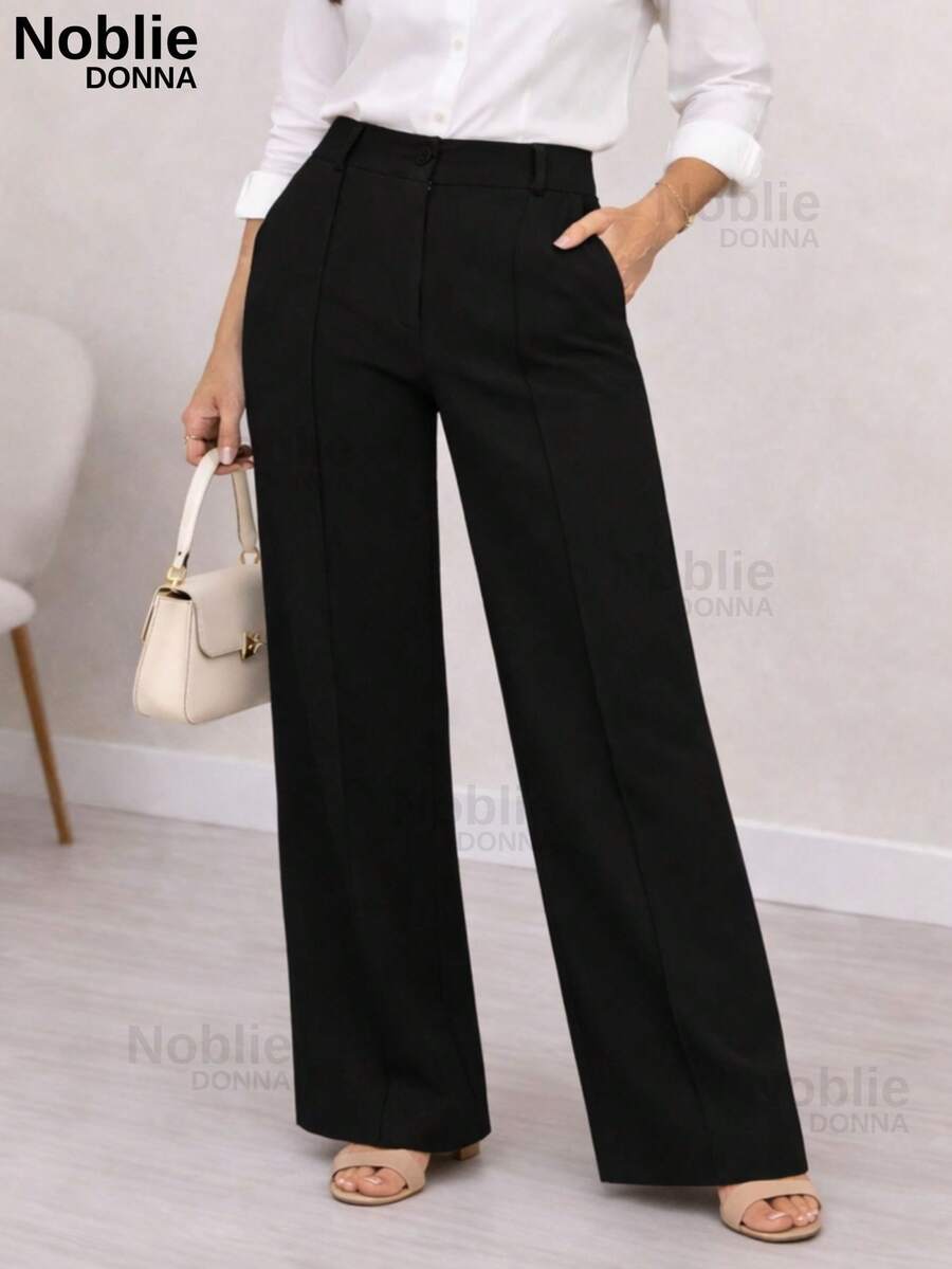 Women's Tailored Dress Pants, Wide Leg, With Zipper, Pockets, And Button, For Office Use. - Black - View 1