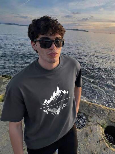 Men's Summer T-Shirt With Landscape Pattern, 100% Polyester Breathable Knit Fabric, Regular Fit Crew Neck Design, Suitable For Outdoor Sports And Casual Wear In Summer