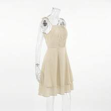 New Spring/Summer Resort Style Cotton Linen Camisole Dress For Women, Girlish Fit, Double Layer Khaki A-Line Skirt - Màu Khaki - Xem 3