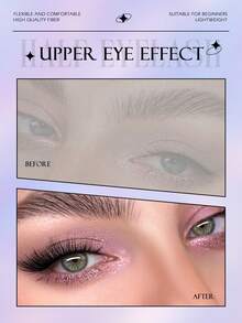 Asiteo 6对半截假睫毛，猫眼造型，透明梗，纤细自然，3/4眼角假睫毛，短款点缀假睫毛，透明梗条状假睫毛 - 半眼交叉款 - 查看 3