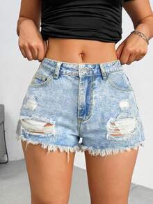 Women's Casual Ripped Denim Shorts Non-Stretch Frayed Hem Light Wash - Blue - View 5