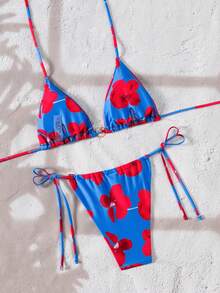 Women's Floral Print Halter Neck Bikini Set, Suitable For Beach & Vacation Summer - Blue - View 2