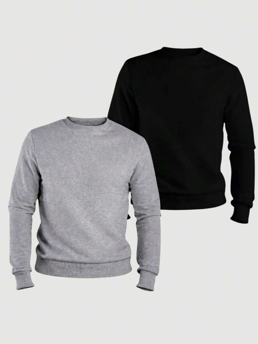Kit Of 2 Men's Plain Crew Neck Sweatshirts, Unisex Cotton - 黑色/灰色 - 查看 1