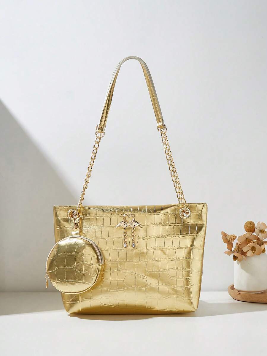 Women's Minimalist Casual Faux Leather Diamond Plaid Tassel Two Pieces Large Capacity Shoulder Tote Bag, Versatile For Shopping, Business, School, Personalized Gift, Makeup, Coin Purse, Lightweight - Gold - View 1