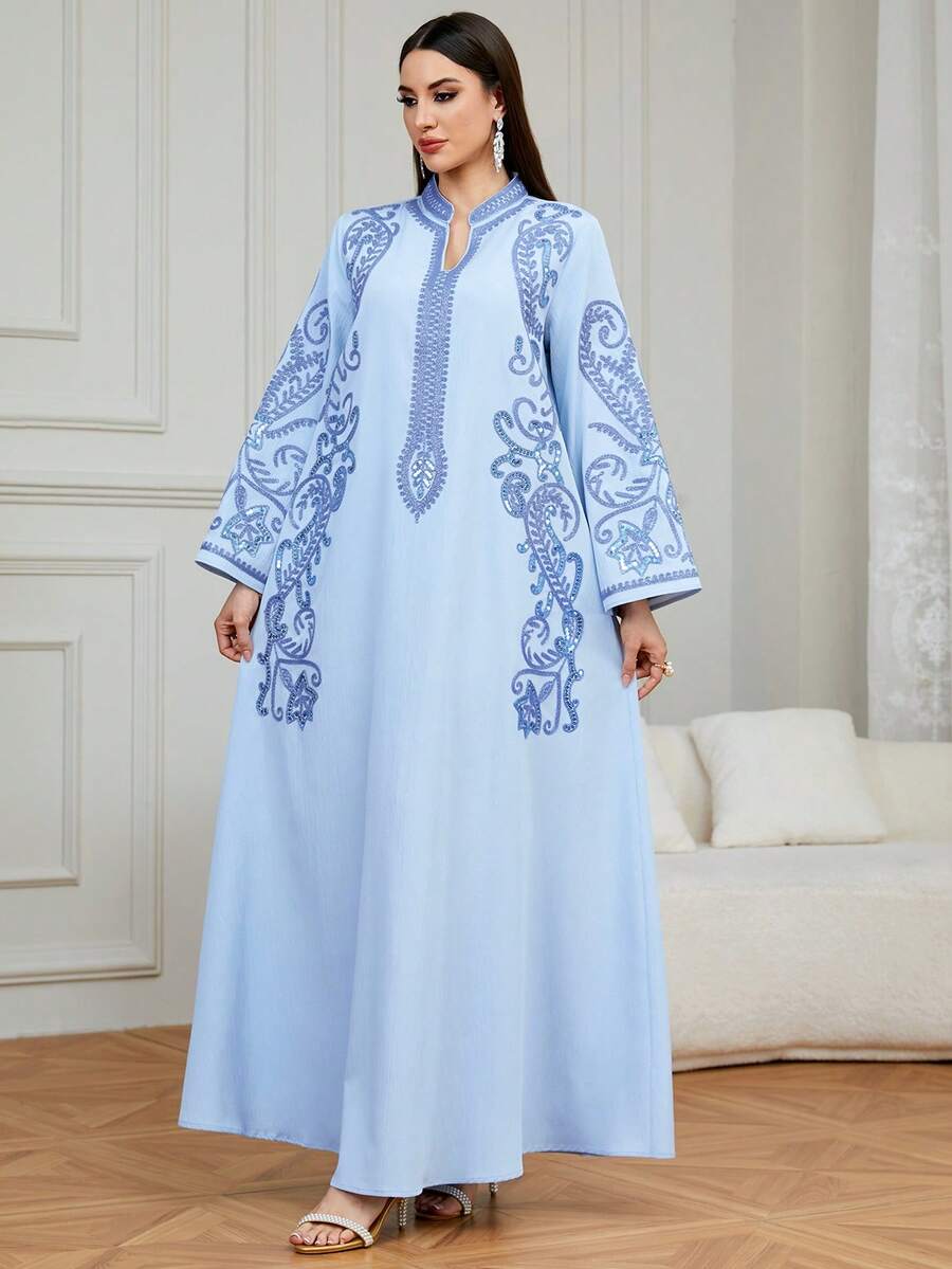 女士优雅斋月时尚V领长袖长款卡夫坦连衣裙，饰有精美刺绣，适合婚礼、派对、居家及日常穿着。 - 藍色 - 查看 1