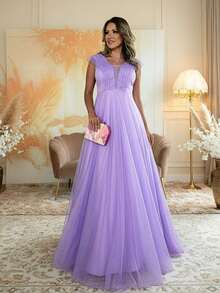 Grife Velasco Elegant Long Wedding/Party Dress With Ruffles, Glitter, And Short Sleeves, For Bridesmaids And Graduation. - Lilac - View 7