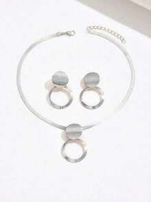 3件套优雅简约几何项链耳环首饰套装，欧美风格 - 銀色 - 查看 2