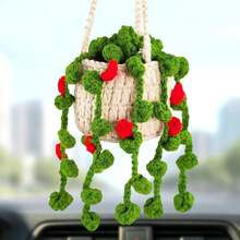 Crochet Plant Hanging Basket For Car Rear View Mirror Decor, Polyester, Light Green, Durable, Handmade, Cute Interior Aesthetic, Gift For Women - 粉紅色 - 查看 13