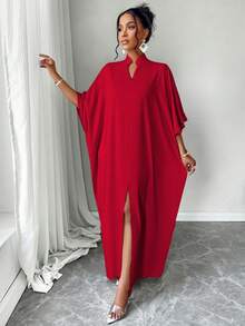 Women's Loose Fit Batwing Sleeve Dress, Arabic Style With Notched Neck And Slit Design - Red - View 5