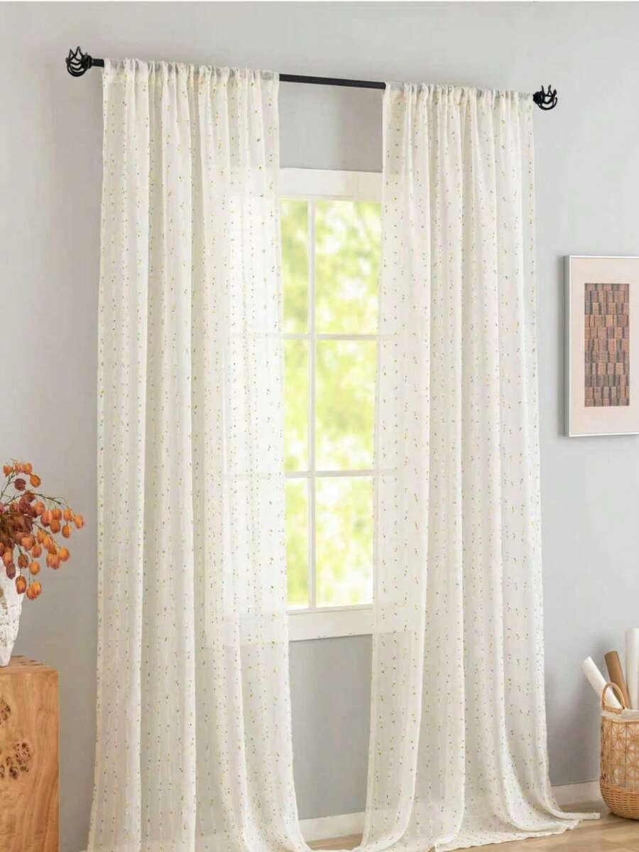 1pc Green Pea Linen Sheer Curtain, Cute Dopamine Design For Children