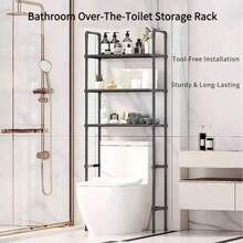 All-In-One Bathroom Storage Shelf With Laundry Hamper |     Freestanding, No-Tool Assembly, Space Saving Organizer For Over The Toilet Bathroom Storage Bathroom Storage Organziers Storage Toilet Paper Holder Bathroom Set - Black - View 3