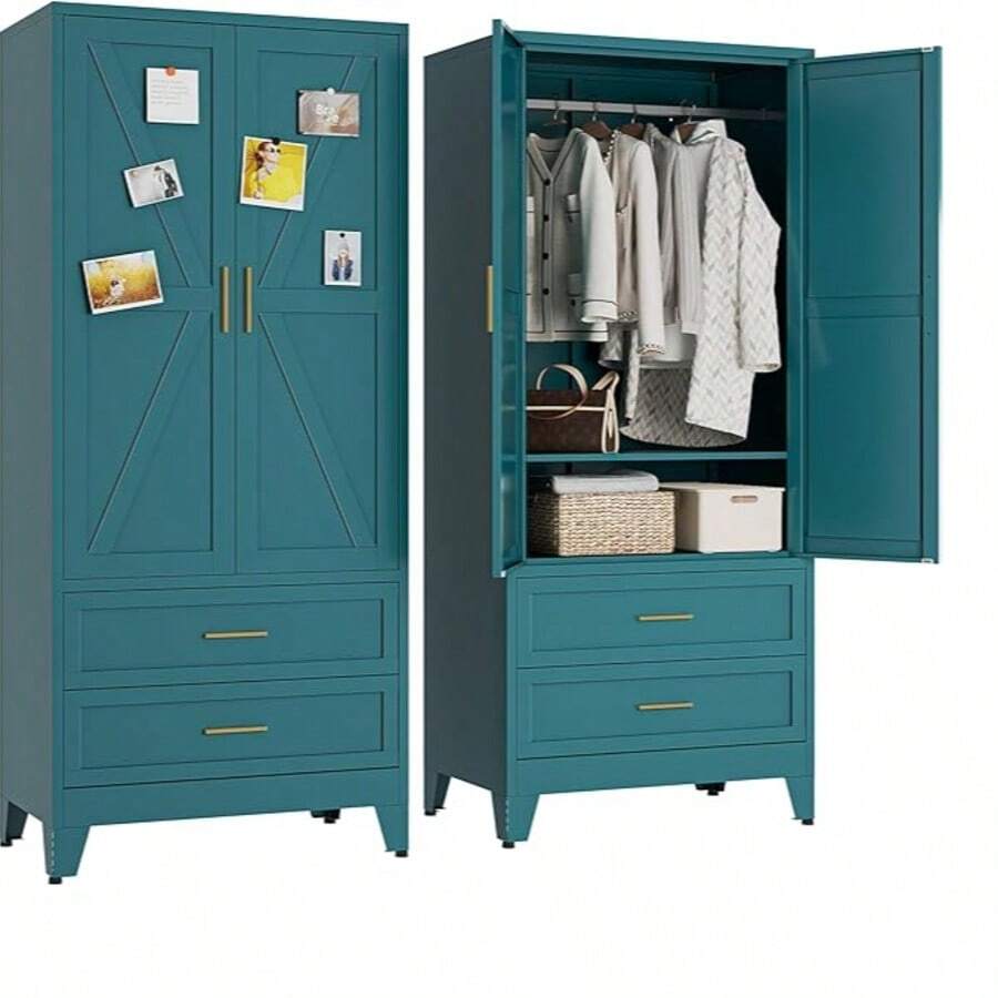 71-Inch Metal Wardrobe, Equipped With Hanging Rods, Adjustable Shelves And A Double-Door Storage Cabinet With 2 Drawers. Suitable For Bedroom Cloakroom, Laundry Room, Living Room Decoration, Office And Other Home Decorations. - Màu xanh lam - Xem 1