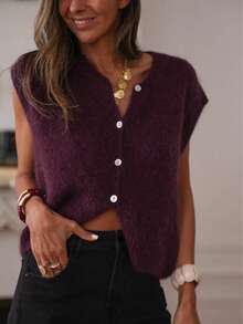 Women's Dark Purple Fuzzy Knit Vest, Retro Spring & Autumn Commute Date Vacation Layering Versatile Sleeveless Top - Purple - View 4