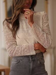 Women's Spring/Summer Lace Sheer Ruffled Hem Long Sleeve Blouse, Elegant Ladies Shirt, Stand Collar Button Design Lace Top, Best Choice For Outings, Fashionable Women's Vacation & Daily Wear - Apricot - View 5