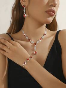 1 Set Copper Material Sparkling Crystal + Inlaid Teardrop Gemstone Necklace Set (Necklace + Earrings + Bracelet), Fashionable Accessory - 1662796 Red Suit - View 1