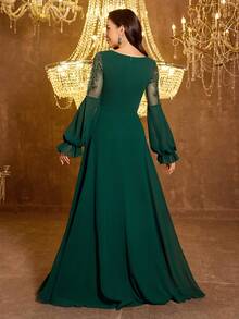 SUPGIR 女士圆领灯笼袖奢华串珠亮片雪纺舞会礼服 - 墨綠色 - 查看 3