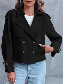 Women's Double Breasted Cropped Trench Coat - Raglan Sleeve Office Work Coat With Pockets Chic Formal Outfit - 黑色 - 查看 4