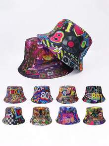 1顶磁带波普艺术眼睛印花涤纶双面渔夫帽，复古派对街头风，防紫外线，春夏复古迪斯科收音机装饰，男女通用 - 彩色 - 查看 6