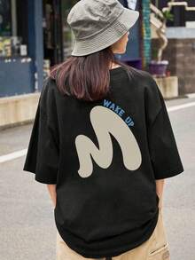 Women's Round Neck Loose Casual Letter & Line Print Short Sleeve T-Shirt, Spring/Summer - Black - View 3