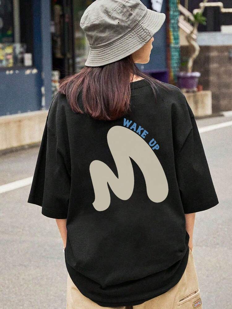 Women's Round Neck Loose Casual Letter & Line Print Short Sleeve T-Shirt, Spring/Summer - Black - View 3