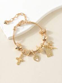 1pc Fashionable Heart, Cross, Floral Beaded Bracelet With Golden Tone Charm Pendant For Women - Yellow Gold - View 8