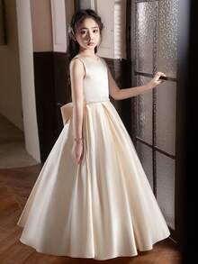 Váy dài màu sâm panh cho tiệc sinh nhật bé gái tuổi teen, váy phù dâu cưới có nơ lớn - Rượu sâm banh - Xem 3