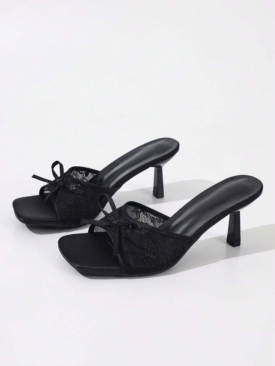 Women's Square Toe Mesh Breathable Open Toe High Heel Sandals, Versatile Minimalist Bowknot Stiletto Slide Sandals, New Summer Style