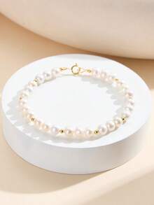 AETOLIA 14K Gold Plated 925 Sterling Silver 5-6mm Round Natural Cultured Pearl Beaded Bracelet, Handmade Design, Elegant Wedding Bracelet For Women - Yellow Gold - View 18
