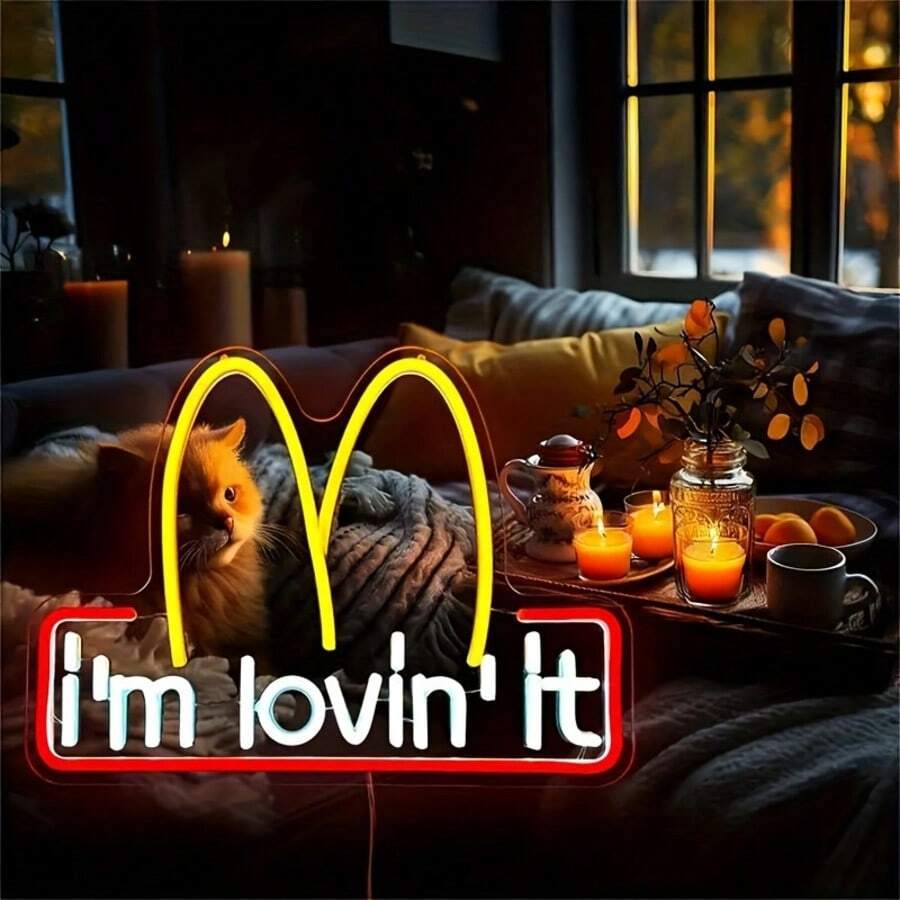 1pc "M + "I'm Lovin' It" Neon Silicone Tube + Acrylic Board, USB Powered (Data Cable Included) | Suitable For Fast Food Themed Cafes, Foodies' Bedrooms, Food Photo Backdrops, Wall Mounted, Lighting Up Creates Delightful Food Ambiance - Multicolor - View 1