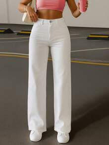 Jeans rectos de mezclilla sin estiramiento de estilo callejero retro americano para mujer - Blanco - Ver 3